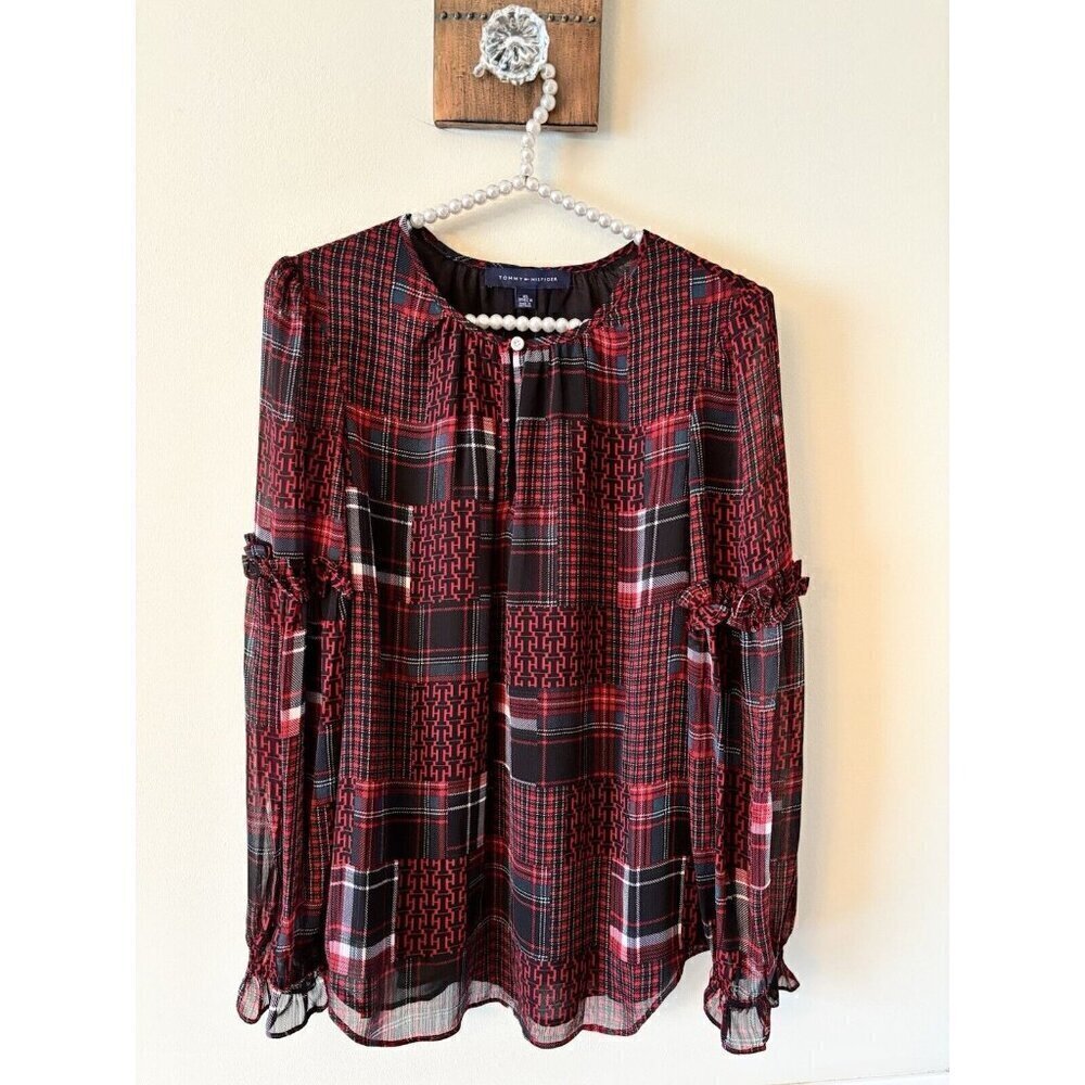 NWT Tommy Hilfiger Womens Size XS Red Plaid Blouse Tunic Long Sleeve Ruffle Trim